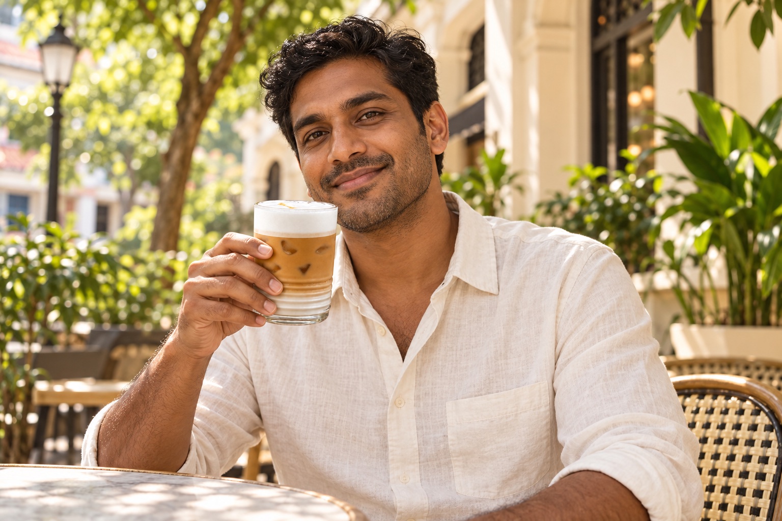 Man enjoying an iced latte in the afternoon sunshine