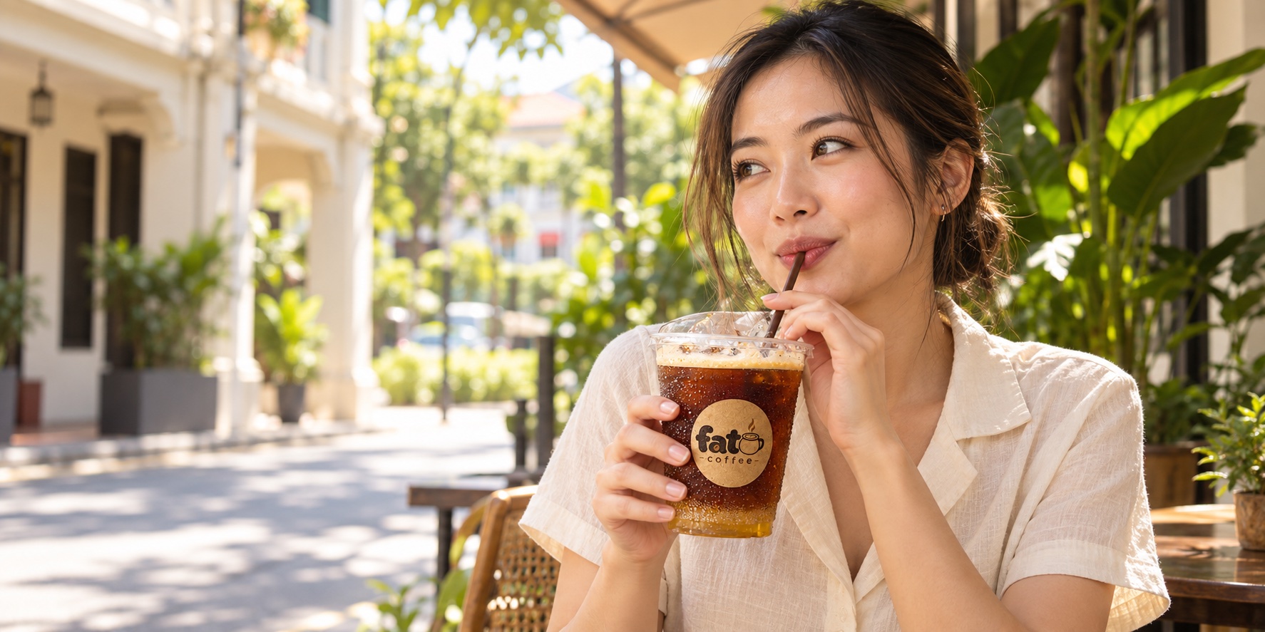 Woman enjoying Fat Coffee Lime Soda on a sunny Singapore afternoon