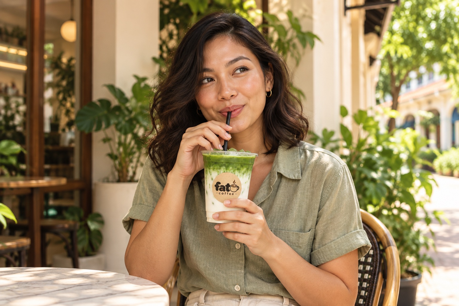 Woman enjoying an iced matcha latte on a leafy cafe terrace